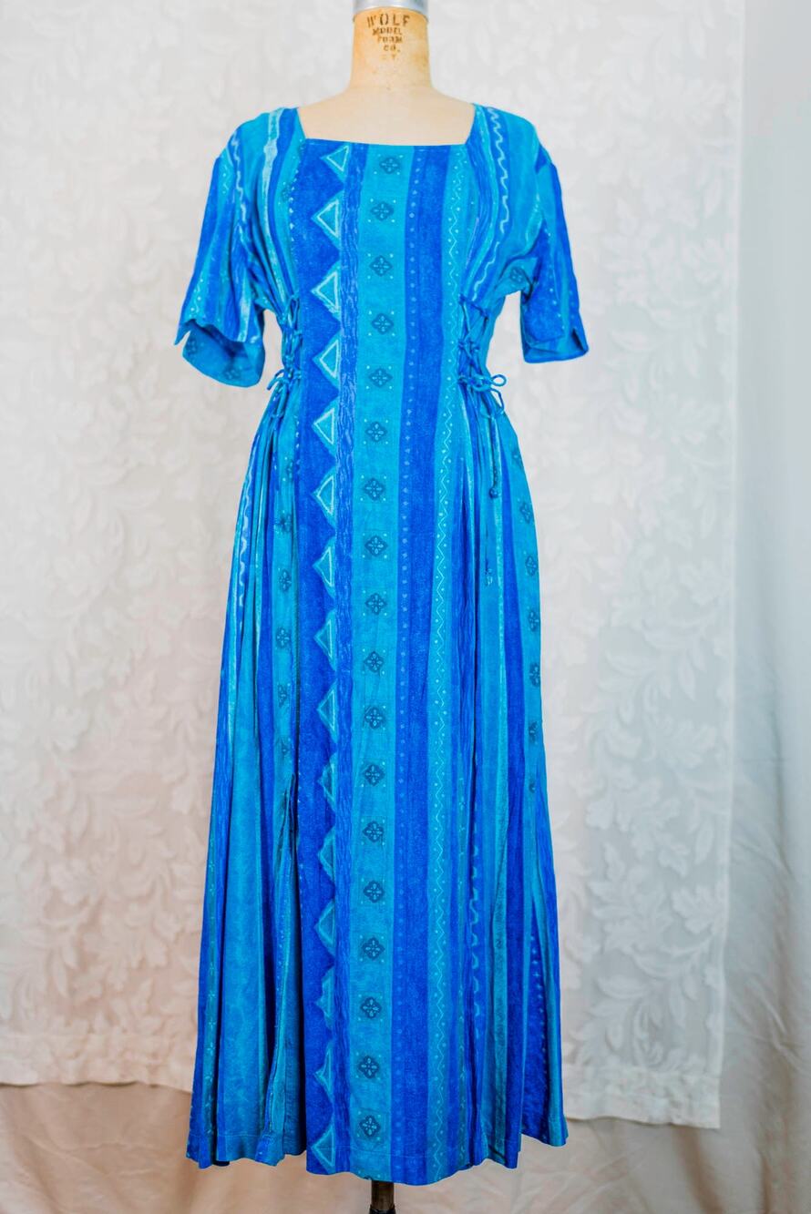 Vintage 90s Blue Turquoise Rayon Maxi Dress, Corset Lace Up Boho Festival SZ 12